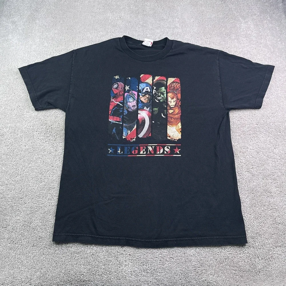Marvel Avengers Shirt Mens XL Black Legends Graphic Tee Spiderman Hulk Iron Man